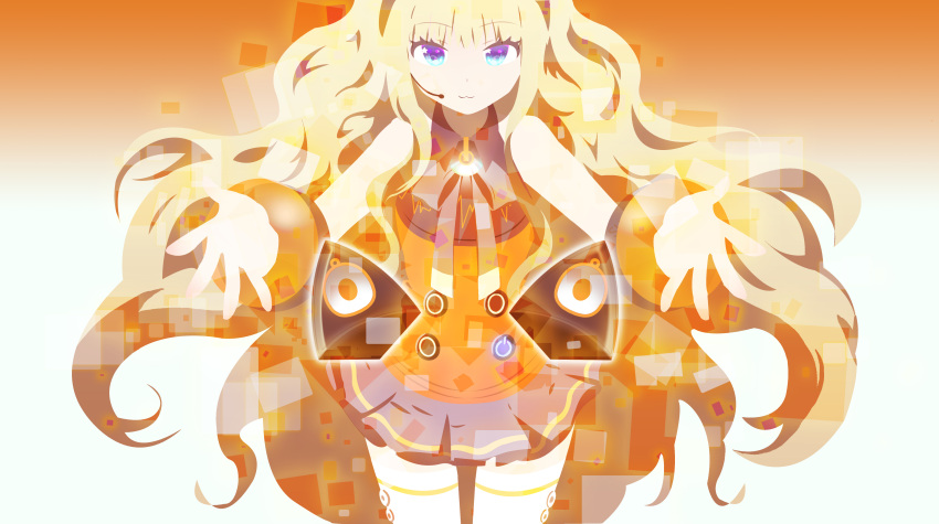 :3 absurdres bad_id blonde_hair blue_eyes bracelet gakusei94 headset highres jewelry long_hair seeu skirt smile solo symbol-shaped_pupils thigh-highs thighhighs very_long_hair vocaloid zettai_ryouiki