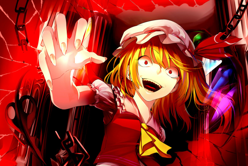 ant_of_spirit blonde_hair chain chains constricted_pupils crazy_eyes face fingernails flandre_scarlet hands hat long_fingernails looking_at_viewer open_mouth red_eyes sharp_teeth solo teeth the_embodiment_of_scarlet_devil touhou