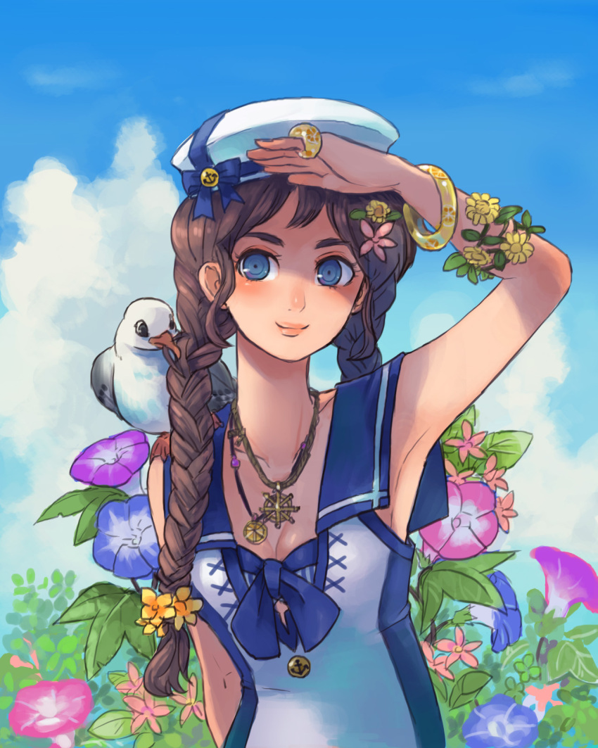 anchor arm_up armpits bird bird_on_shoulder blue_eyes blush bracelet braid brown_hair face flower hat highres jewelry lips long_hair long_neck mayday morning_glory original pendant ring seagull shading_eyes smile solo twin_braids twintails
