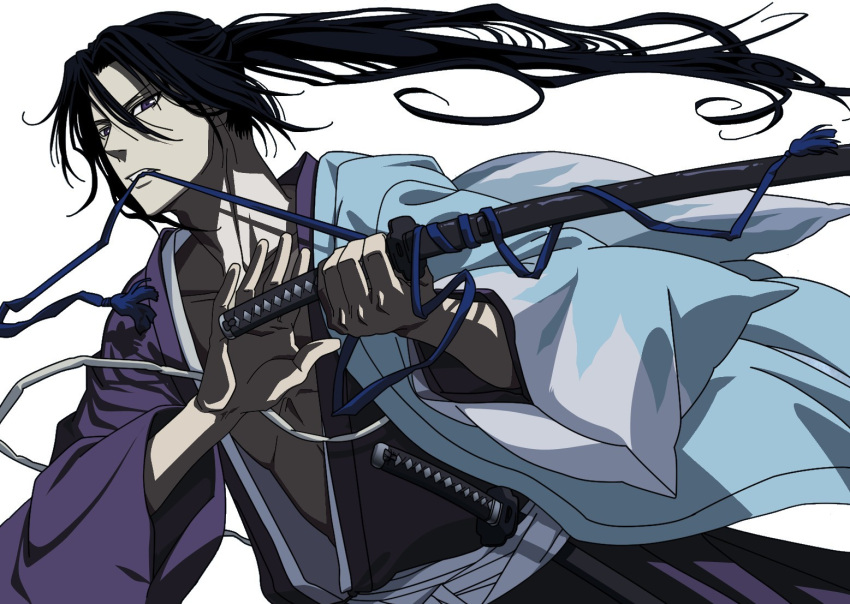 fuun_shinsengumi highres hijikata_toshizou kyouka0001 long_hair mouth_hold simple_background sword weapon