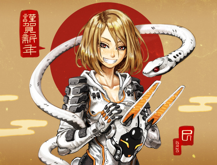 armor blonde_hair freckles grin hoodie jacket robot short_hair smile snake tony_(chikaku_kabin)