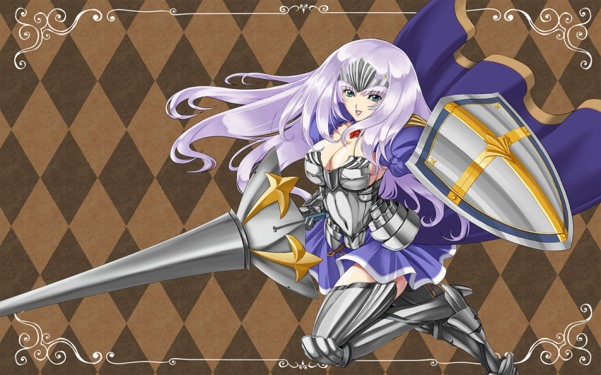 annelotte argyle argyle_background armor armored_dress blue_eyes boots breasts brown_background cape cleavage gauntlets inoino lance large_breasts legs long_hair open_mouth polearm purple_hair queen's_blade queen's_blade_rebellion queen's_blade queen's_blade_rebellion shield sideboob smile thigh-highs thigh_boots thighhighs thighs tiara weapon