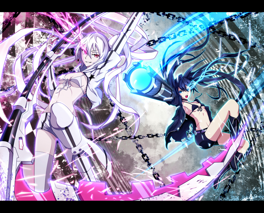 bikini_top black_hair black_rock_shooter black_rock_shooter_(character) black_rock_shooter_(game) blue_eyes boots chain chains coat glowing glowing_eyes highres letterboxed long_hair midriff multiple_girls navel open_mouth paparins purple_eyes scar scythe shorts smile twintails violet_eyes white_hair white_rock_shooter