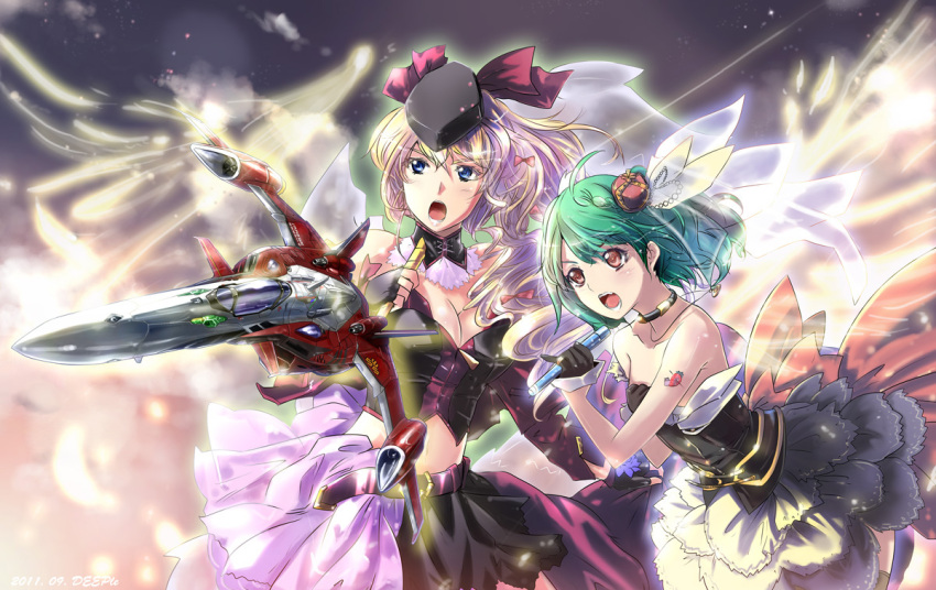 breasts cloud deeple dress epic flying gloves green_hair hat long_hair macross macross_frontier macross_frontier:_sayonara_no_tsubasa mecha microphone ranka_lee reen_hair sheryl_nome singing tattoo yf-29