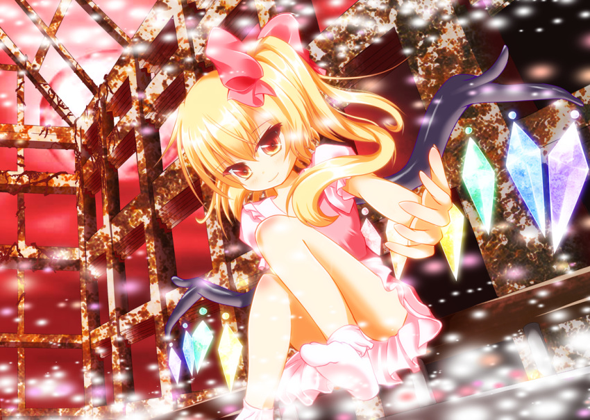 blonde_hair bow cage dress flandre_scarlet flying hair_bow lights moon no_hat no_headwear outstretched_hand panties pink_dress red_background red_eyes red_moon rust side_ponytail smile solo the_embodiment_of_scarlet_devil touhou underwear upskirt white_panties wings yuimari