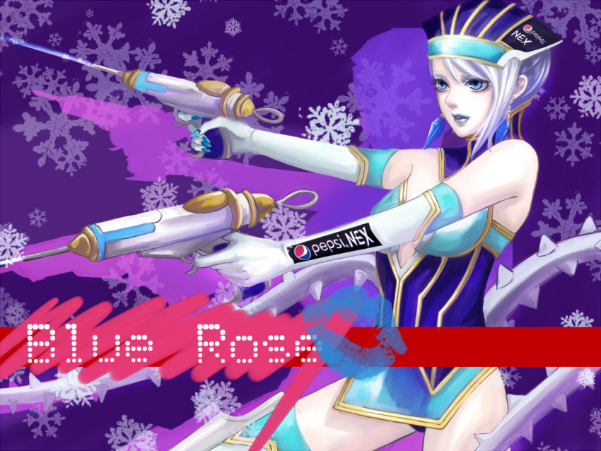 bare_shoulders blue_eyes blue_hair blue_rose_(tiger_&amp;_bunny) breasts character_name cleavage dual_wielding earrings elbow_gloves gloves gun jewelry karina_lyle lipstick makeup melody_mi1112 pepsi_nex product_placement short_hair snowflakes solo superhero thigh-highs thighhighs tiger_&amp;_bunny weapon