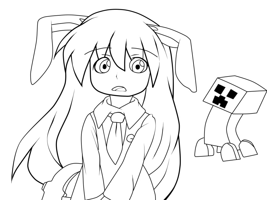 bunny_ears creeper d: hangaku highres keychain_(artist) lineart long_hair minecraft necktie open_mouth pickaxe reisen_udongein_inaba touhou transparent_background v_arms weapon