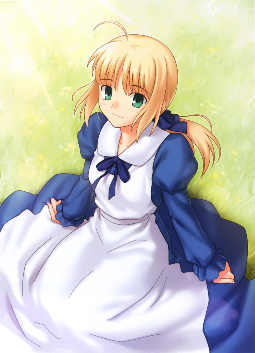 absurdres ahoge blonde_hair dress fate/stay_night fate/unlimited_codes fate_(series) grass green_eyes highres higurashi_ryuuji light_smile long_sleeves ponytail saber saber_lily solo type-moon
