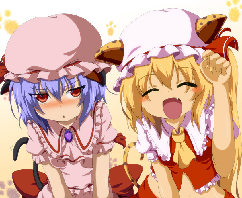 :&lt; ^_^ animal_ears ascot bat_wings blonde_hair blue_hair blush cat_ears cat_pose cat_tail closed_eyes dr._cryptoso fang flandre_scarlet hat highres kemonomimi_mode midriff multiple_girls open_mouth paw_pose remilia_scarlet shirt short_hair siblings side_ponytail sisters skirt skirt_set slit_pupils smile tail tears touhou wings