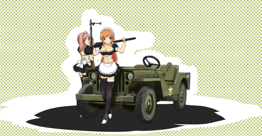 bar1918 bipod breasts cleavage copyright_request frills garters gun hair_ornament hair_ribbon high_heels highres holster hu_sea jeep m1918_bar m1919 machine_gun maid maid_headdress military military_vehicle motor_vehicle polka_dot polka_dot_background ribbon thigh-highs thighhighs vehicle weapon zettai_ryouiki