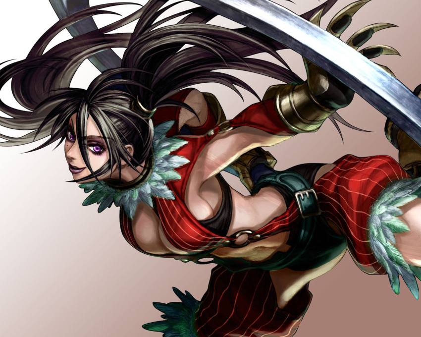 1girl black_hair breasts claws cleavage feathers highres mole purple_eyes solo soul_calibur soul_calibur_iv tira twintails wallpaper weapon