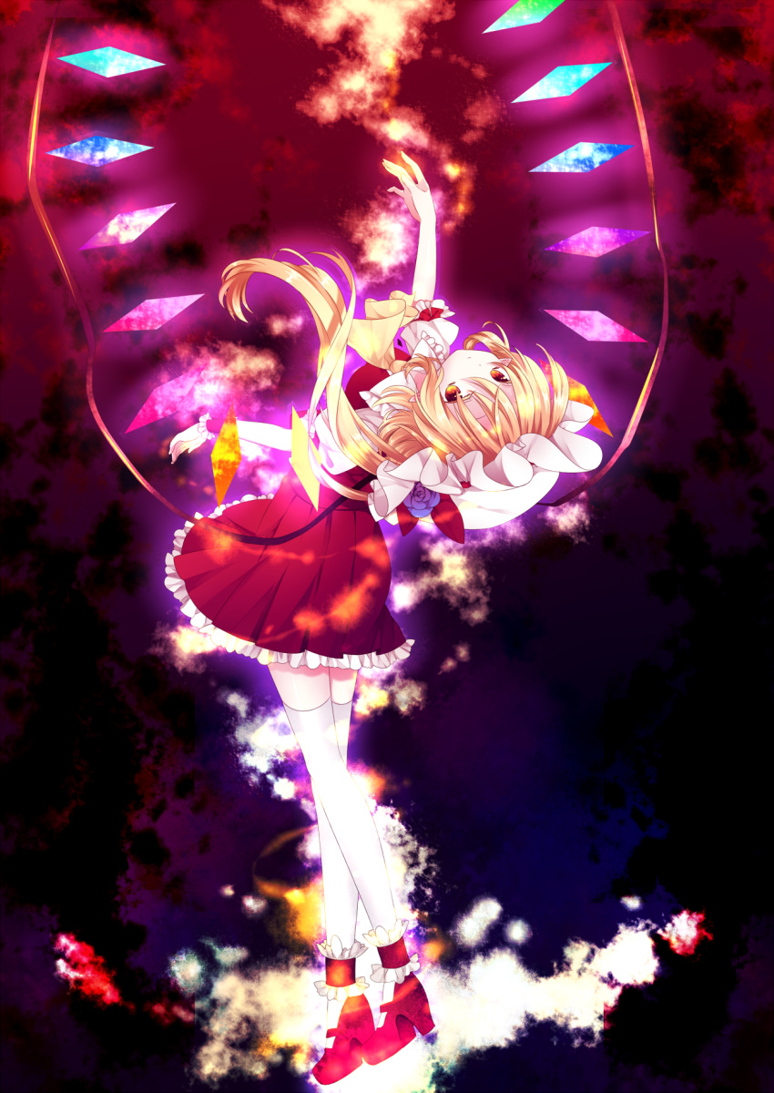 ankle_cuffs blonde_hair flandre_scarlet hat highres leaning_back long_hair red_eyes riichu side_ponytail solo the_embodiment_of_scarlet_devil thigh-highs thighhighs touhou white_legwear wings wrist_cuffs