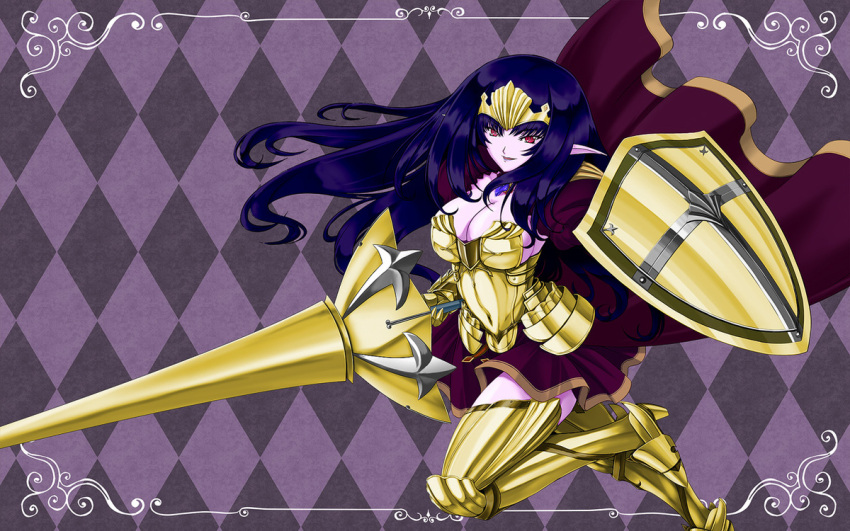alternate_color annelotte argyle argyle_background armor armored_dress boots breasts cape cleavage dark_persona gauntlets inoino lance large_breasts legs lipstick long_hair makeup pale_skin pointy_ears polearm purple_background purple_hair purple_skin queen's_blade queen's_blade_rebellion queen's_blade queen's_blade_rebellion red_eyes shield sideboob thigh-highs thigh_boots thighhighs thighs tiara weapon