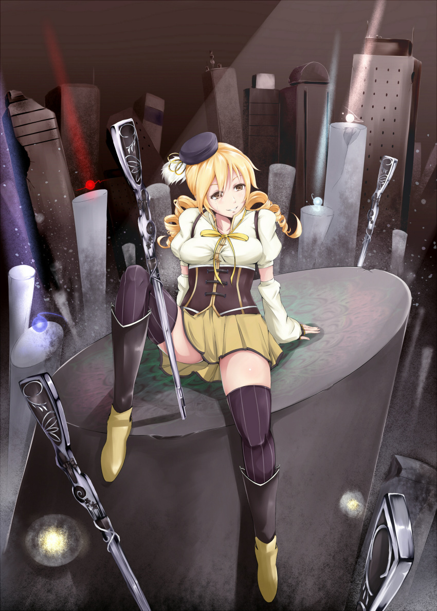 absurdres artist_request bad_id beret blonde_hair boots breasts building corset detached_sleeves drill_hair fingerless_gloves gloves gun hair_ornament happy_tears hat highres irohasu magical_girl magical_musket mahou_shoujo_madoka_magica pleated_skirt puffy_sleeves sitting skindentation skirt skyscraper smile solo tear tears thigh-highs thighhighs tomoe_mami vertical-striped_legwear vertical_stripes weapon yellow_eyes