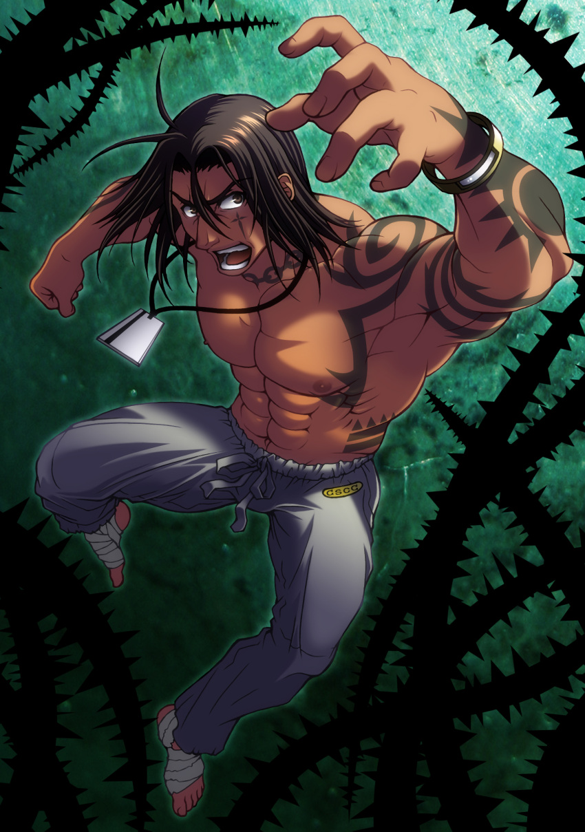 bracelet brown_hair card card_pendant dark_skin highres ibara_no_ou jewelry jumping male manly marco_owen masurao_bc necklace pendant shirtless solo tattoo