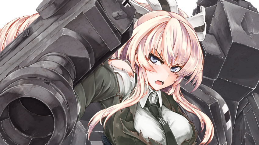 1girl angry armor blonde_hair blue_eyes breasts bust cannon d: d:&lt; formal highres iron_cross ku-ba large_breasts long_hair looking_at_viewer mecha_musume military military_uniform military_vehicle necktie open_mouth original personification serious solo tank tiger_(tank) torn_clothes tsurime uniform vehicle very_long_hair world_of_tanks