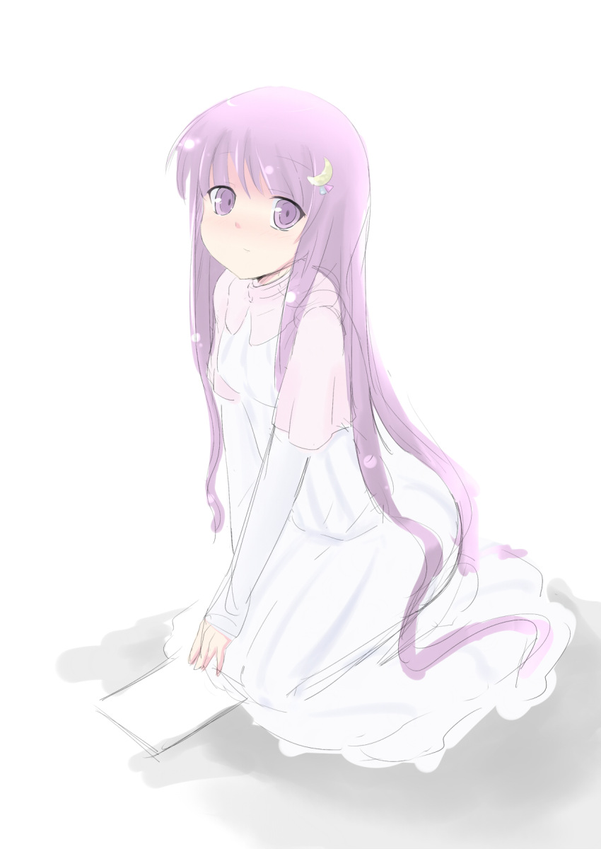 capelet coo dress hair_ornament hairclip highres long_hair no_hat no_headwear pale_color pale_colors patchouli_knowledge purple_eyes purple_hair sitting sketch solo touhou violet_eyes