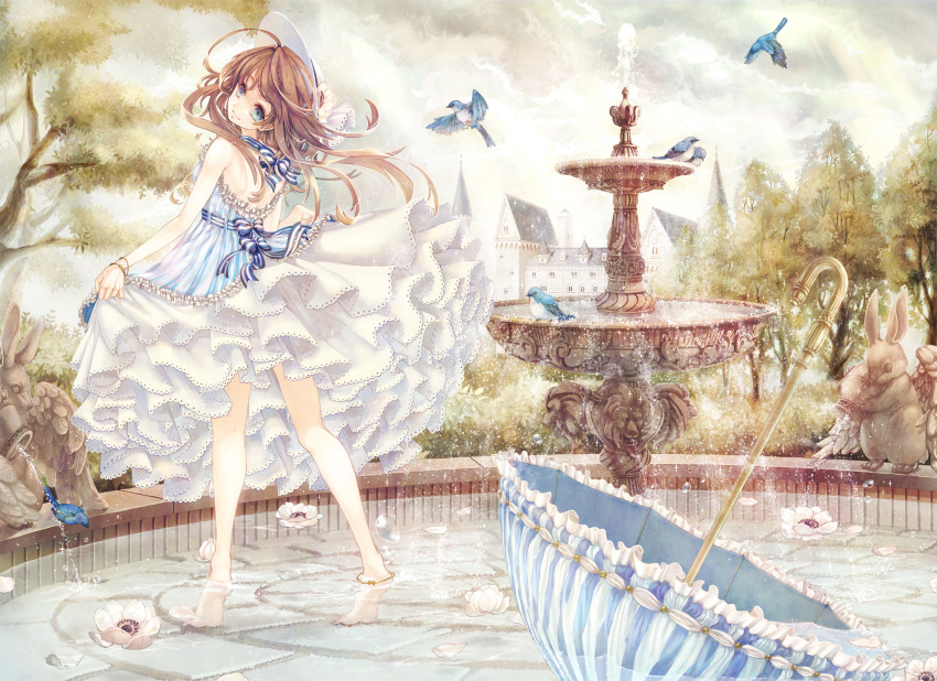 animal anklet barefoot bird blonde_hair blue_eyes bluebird bow bracelet brown_hair bunny dress feet_in_water flower flowers fountain frills from_behind gathers hair_bow hair_ornament hair_ribbon hat highres jewelry lace long_hair looking_back mansion namari_iro original parasol rabbit ribbon ribbons skirt_hold smile soaking_feet solo statue sun_hat tiptoes tree umbrella wading water