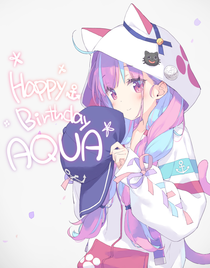 1girl ahoge anchor_symbol animal_ears animal_hood bangs baseball_cap blue_hair blue_headwear blush braid cat_ears cat_hood cat_tail closed_mouth commentary_request eyebrows_visible_through_hair fake_animal_ears grey_background hair_over_shoulder happy_birthday hat hat_removed headwear_removed highres holding holding_clothes holding_hat hololive hood hood_up hooded_jacket jacket kani_biimu long_hair long_sleeves looking_at_viewer minato_aqua multicolored_hair neko_(minato_aqua) pink_hair puffy_long_sleeves puffy_sleeves simple_background sleeves_past_wrists smile solo streaked_hair tail twin_braids two-tone_hair upper_body very_long_hair violet_eyes virtual_youtuber white_jacket