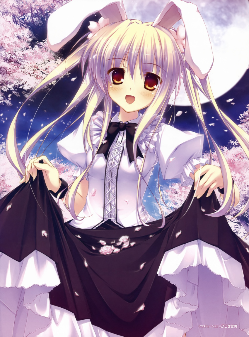 animal_ears blonde_hair blush bow bowtie bunny_ears cherry_blossoms copyright_request fujisaki_rei full_moon highres looking_at_viewer moon night open_mouth petals puffy_sleeves red_eyes ribbon skirt skirt_basket skirt_lift smile tareme twintails wristband