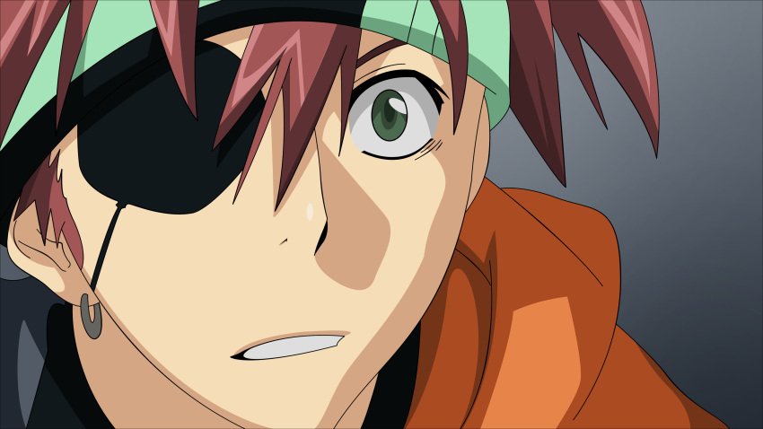 1boy absurdres d.gray-man earrings eyepatch green_eyes headband highres hitodama_(artist) lavi male morrow morrow_(artist) pixiv red_hair solo