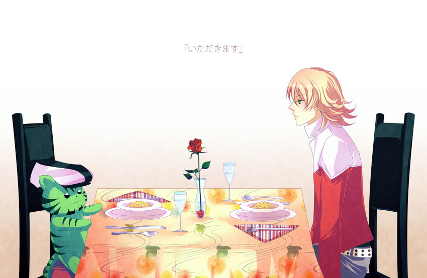 barnaby_brooks_jr beautiful-shinigami belt blonde_hair cabbie_hat dinner flower fork fried_rice green_eyes hat jacket jewelry knife male necklace no_glasses red_jacket rose solo spoilers studded_belt stuffed_tiger tiger_&amp;_bunny translated