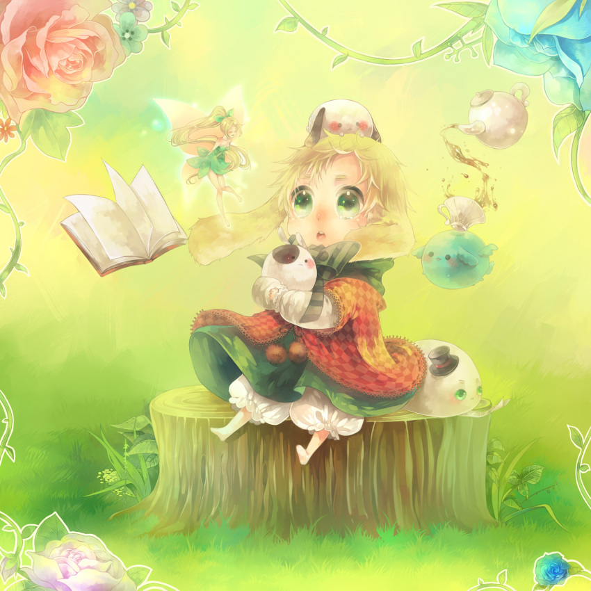 animal_hug animal_on_head axis_powers_hetalia barefoot blonde_hair bloomers blue_rose child creature cup fairy fairy_wings flower green_eyes highres nature pink_rose pouring red_rose rose sitting teacup teapot tears tree_stump tsukudato united_kingdom_(hetalia) wings