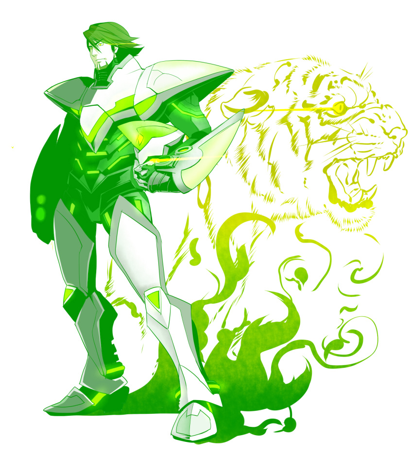 brown_hair facial_hair fangs glowing glowing_eyes green haruyama_(pixiv169154) headwear_removed helmet helmet_off helmet_removed highres kaburagi_t_kotetsu male neon_trim open_mouth power_armor power_suit smoke solo stubble superhero tiger tiger_&amp;_bunny wild_tiger yellow_eyes