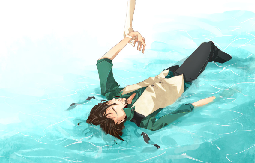 bad_id brown_hair closed_eyes eyes_closed facial_hair kaburagi_t_kotetsu lying male necktie outstretched_arm short_hair stubble submerged tiger_&amp;_bunny vest waistcoat water