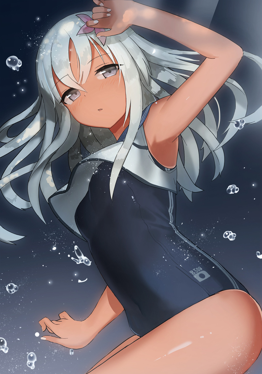 1girl armpits bangs blue_background bubble ccaw cowboy_shot crop_top expressionless from_side grey_eyes hair_between_eyes highres kantai_collection long_hair looking_at_viewer one-piece_swimsuit revision ro-500_(kantai_collection) school_swimsuit school_uniform serafuku silver_hair solo submerged swimsuit tareme thighs underwater