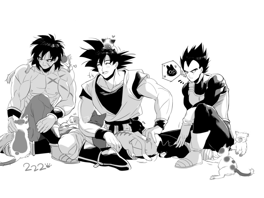 3boys ^_^ abs animal animal_on_head animal_on_lap animal_on_shoulder bare_pecs black_eyes black_hair blush broly_(dragon_ball_super) cat cat_on_head cat_on_lap cat_on_shoulder closed_eyes crossed_legs dragon_ball dragon_ball_super dragon_ball_super_broly full_body greyscale highres male_focus monochrome multiple_boys muscular muscular_male nipples on_head pants pectorals saiyan_armor scar scar_on_chest shirtless short_hair sitting skin_tight smile son_goku spiky_hair tarutobi thought_bubble tight tight_pants vegeta