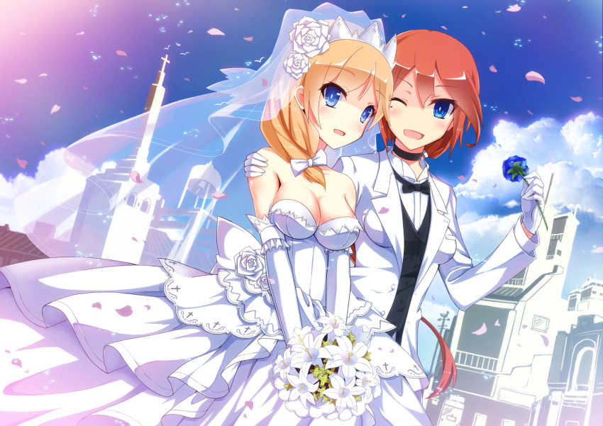 2girls blonde_hair blue_eyes blush bouquet bow bridal_veil bride character_request clouds couple dress elbow_gloves flower formal gloves hair_bow highres long_hair multiple_girls one_eye_closed open_mouth redhead sky smile suit uiu veil warship_girls_r wedding wedding_dress