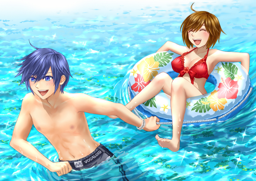 1boy 1girl barefoot bikini blue_eyes blue_hair blush breasts brown_hair cleavage closed_eyes couple cute eyes_closed front-tie_top hamura_mayu happy innertube kaito meiko open_mouth partially_submerged short_hair shorts smile swim_trunks swimsuit vocaloid water