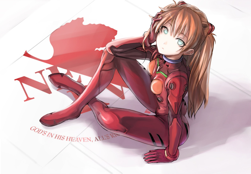 arm_support blue_eyes bodysuit brown_hair from_above green_eyes hair_ornament hand_on_own_face hand_to_face long_hair looking_at_viewer looking_up neon_genesis_evangelion nerv orange_hair plugsuit rebuild_of_evangelion shikinami_asuka_langley sitting solo soryu_asuka_langley souryuu_asuka_langley tea tea_(artist)