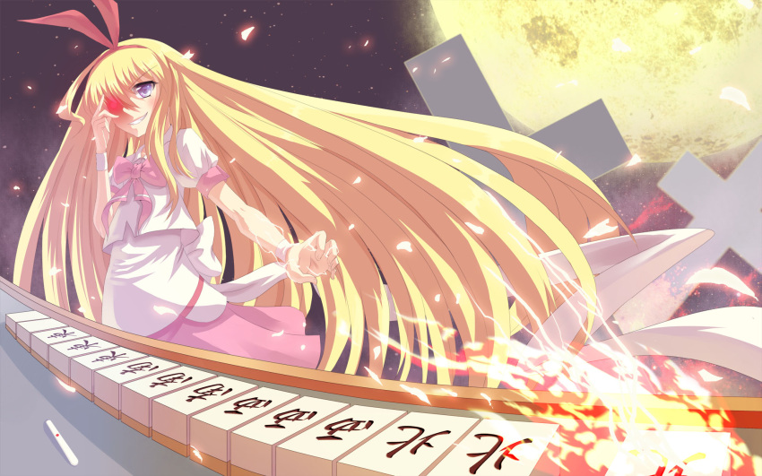 animal_ears blonde_hair blue_eyes bow bunny_ears cross dress evil_grin evil_smile fire full_moon glowing glowing_eyes grin headband highres long_hair mahjong moon playing_games rabbit_ears saki smile solo star stoner_(artist) tenbou very_long_hair