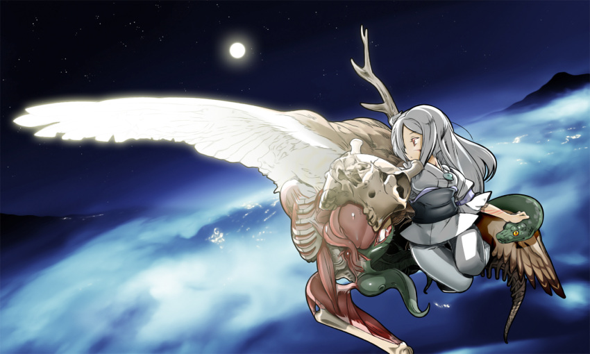 clouds echizenya_tawara_no_kai_norihiko flying long_hair monster moon sky white_hair wings