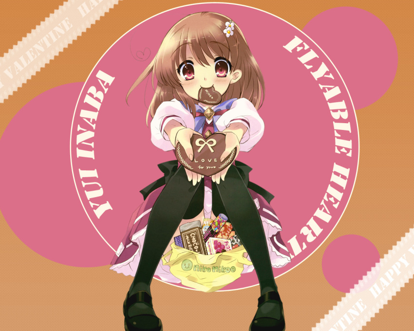 black_legwear blush brown_eyes brown_hair chocolate flyable_heart hair_ornament hairclip heart heart_ahoge holding holding_gift inaba_yui incoming_gift itou_noiji mouth_hold school_uniform sitting smile solo thighhighs valentine wallpaper