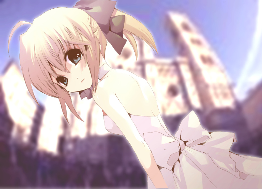 ahoge back bad_id bare_shoulders blonde_hair blue_eyes blurry bow depth_of_field dress dutch_angle fate/stay_night fate/unlimited_codes fate_(series) green_eyes hair_bow highres pokkuri ponytail ribbon saber saber_lily solo white_dress