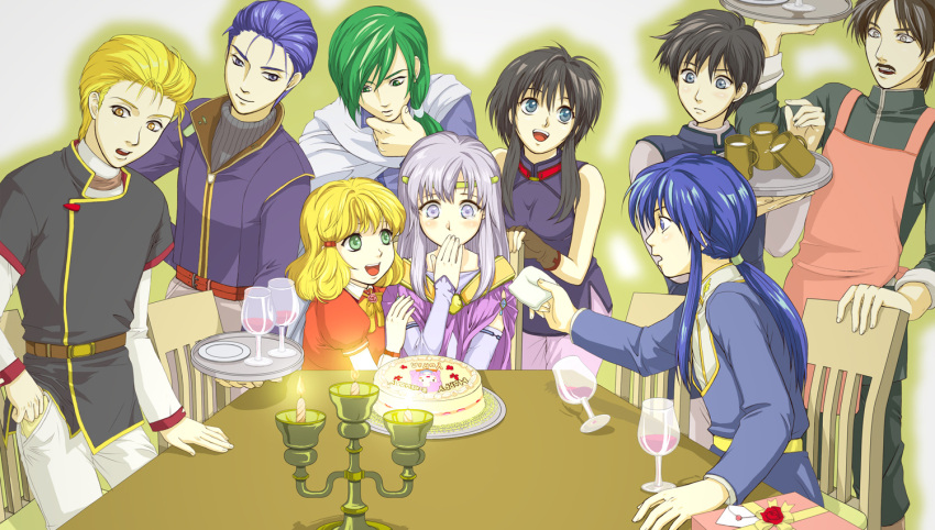black_hair blonde_hair blush brother_and_sister cake celice celice_(fire_emblem) circlet delmud delmud_(fire_emblem) fingerless_gloves fire_emblem fire_emblem:_seisen_no_keifu fire_emblem_genealogy_of_the_holy_war food glass gloves green_eyes grey_eyes lakche lakche_(fire_emblem) lana_(fire_emblem) lavender_hair lester lester_(fire_emblem) levin_(fire_emblem) long_hair musakoji oifaye oifaye_(fire_emblem) open_mouth pastry purple_eyes sety short_hair siblings skasaha skasaha_(fire_emblem) smile surprised tears violet_eyes yuria_(fire_emblem)
