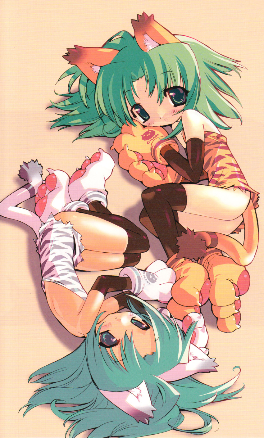 alternate_color animal_ears back bare_back bare_shoulders blade_(artist) blade_(lovewn) cat_ears chamcham elbow_gloves gloves green_eyes green_hair highres lying multiple_girls no_panties paw_boots paw_gloves rotational_symmetry samurai_spirits scan tail tiger_print