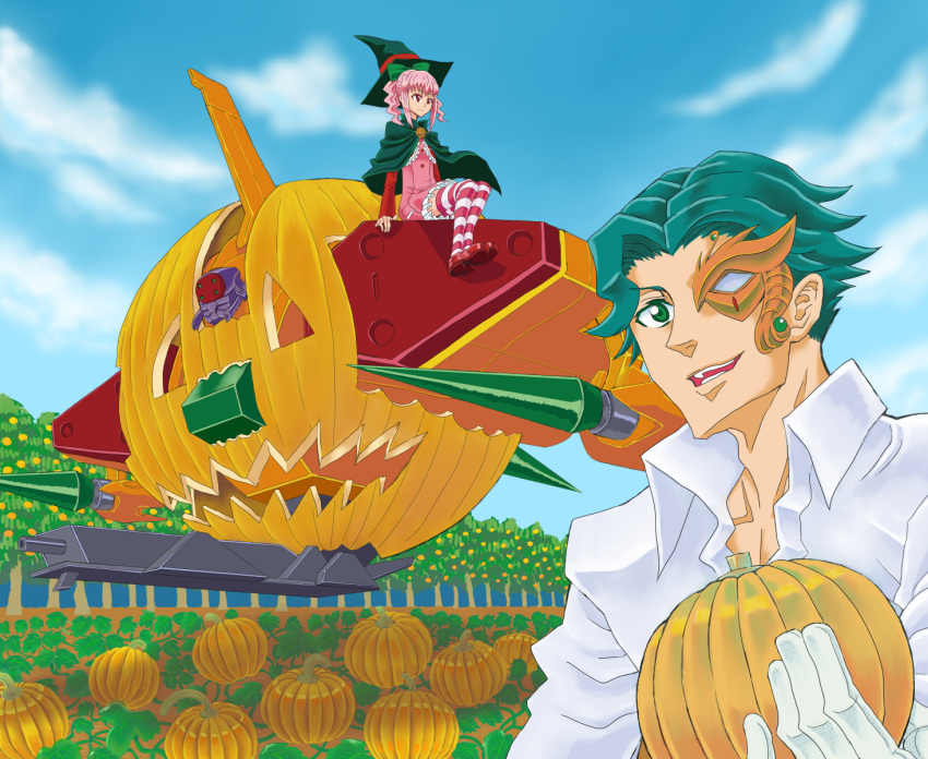 anya_alstreim artist_request cannon cape code_geass farm floating flying gloves green_eyes green_hair halloween hat highres jeremiah_gottwald male manly mask mecha orange parody pink_hair pumpkin red_eyes siegfried sky source_request thigh-highs white_shirt witch witch_hat
