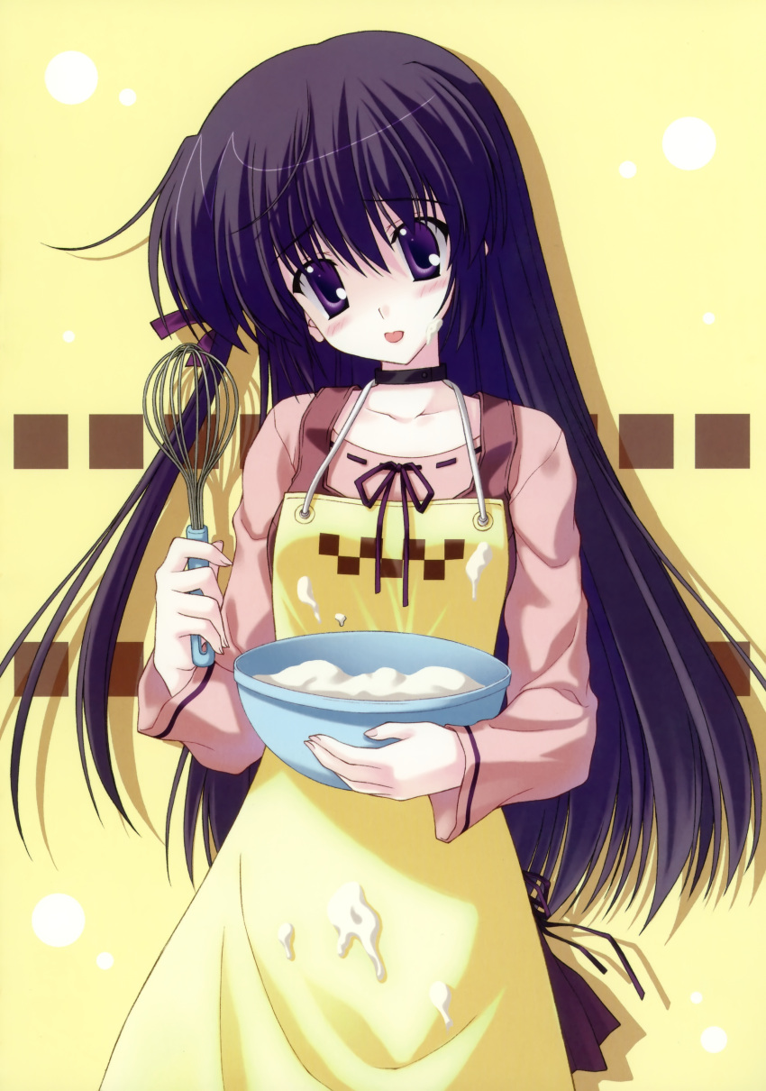absurdres apron batter food food_on_face highres long_hair nanao_naru purple_eyes shihou_matsuri sola whisk