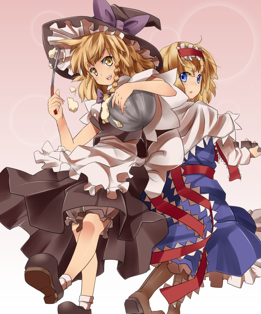 2girls blonde_hair blue_eyes braid brown_eyes hat highres kirisame_marisa mikan_(bananoha) touhou