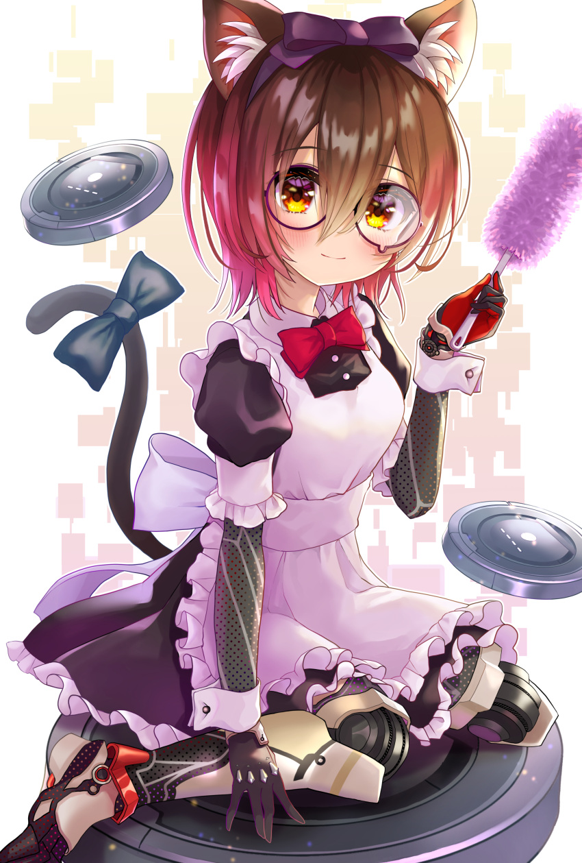 1girl absurdres alternate_costume android animal_ears apron black_dress blush bow brown_eyes brown_hair cat_ears chocomarybadend dress duster enmaided glasses gradient_hair hair_bow highres holding_duster hololive kemonomimi_mode maid maid_apron mechanical_arms mechanical_legs multicolored_hair pink_hair purple_bow red_bow roboco-san roomba round_eyewear science_fiction short_hair sitting solo virtual_youtuber wariza wrist_cuffs