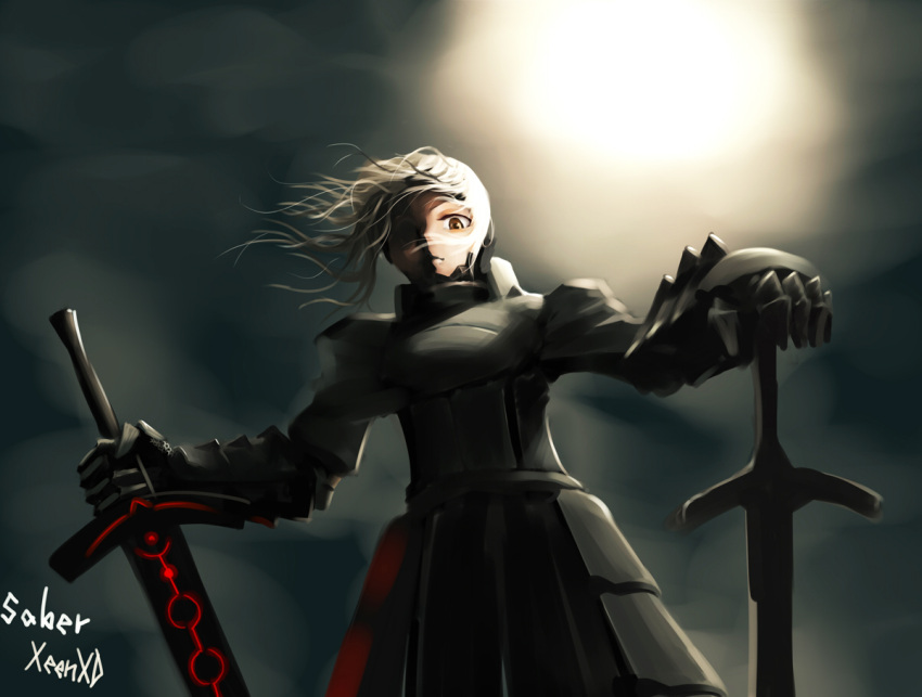 armor armored_dress blonde_hair caliburn dark_excalibur dress dual_wielding fate/stay_night fate_(series) saber saber_alter sheepspear solo sword weapon