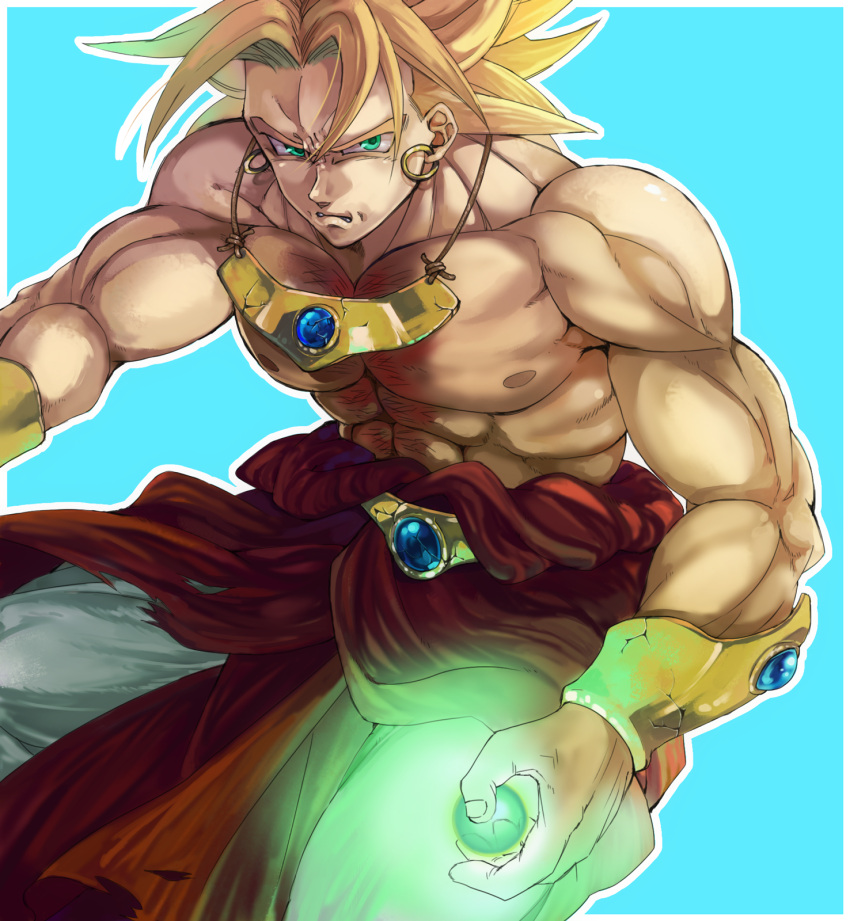 aqua_eyes broly bruise dragon_ball dragon_ball_z dragonball_z earrings energy_ball halu-ca highres injury jewelry muscle necklace simple_background spiked_hair spiky_hair super_saiyan teeth