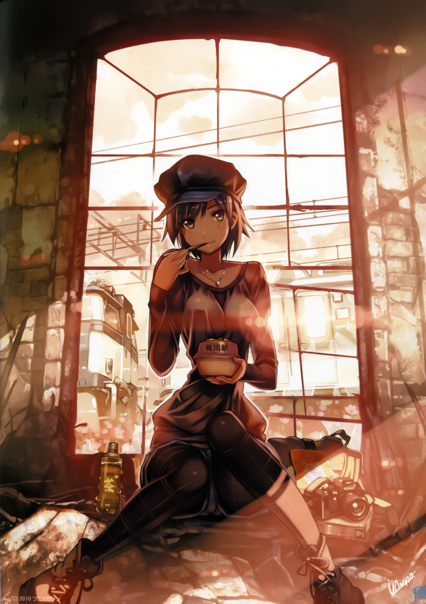 black_eyes black_hair black_legwear boots bottle breasts cabbie_hat camera chopsticks eating hat highres impossible_clothes impossible_clothing impossible_shirt jewelry lens_flare necklace original pantyhose shirt short_hair shorts sitting solo train vania600 water_bottle window