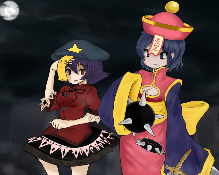 absurdres blue_eyes blue_hair bracelet breasts capcom china_dress chinese_clothes cleavage cleavage_cutout cosplay costume_switch crossover hat highres jewelry jiangshi kasu-pan lei_lei lei_lei_(cosplay) miyako_yoshika miyako_yoshika_(cosplay) multiple_girls ofuda pale_skin purple_hair red_eyes short_hair skirt sleeves_past_wrists spiked_bracelet spikes star sword touhou translated vampire_(game) weapon