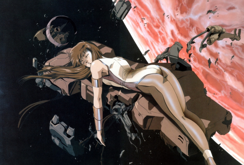 armlet bodysuit bracer brown_hair closed_eyes dangaioh dangaiou eyes_closed hirano_toshihiro long_hair lying mia_alice official_art oldschool planet science_fiction solo space spoilers