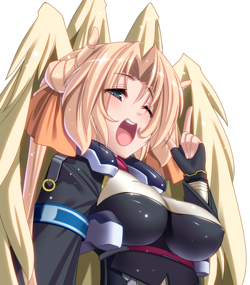 blonde_hair blue_eyes breasts bust erect_nipples highres horns kyoukai_senjou_no_horizon large_breasts long_hair margot_knight open_mouth pointing pointing_up simple_background solo takanashi-a wings wink
